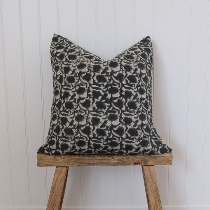 Della Hand Block Print Pillow Cover | Deep Black Linen - The Rug Decor