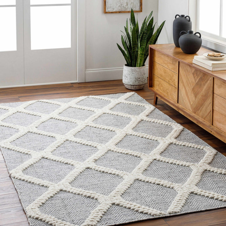 Della Trellis Pattern Ivory & Gray Hand Woven Wool Rug - The Rug Decor