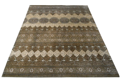 Design Brown, Silver and Beige Hand Knotted 8x10 Wool and Art Silk Area Rug - The Rug Decor