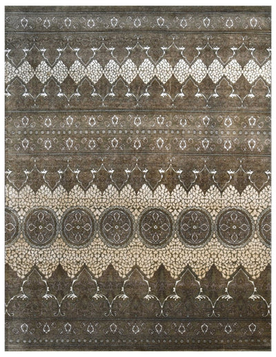 Design Brown, Silver and Beige Hand Knotted 8x10 Wool and Art Silk Area Rug - The Rug Decor