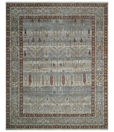 Distress Finish Tree of life Gray, Ivory, Brown and Olive Traditional Floral Hand knotted 8x10 wool Area Rug - The Rug Decor