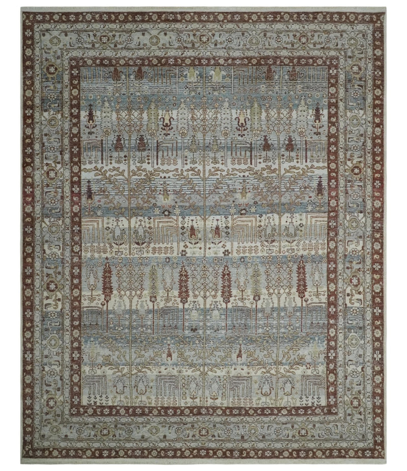 Distress Finish Tree of life Gray, Ivory, Brown and Olive Traditional Floral Hand knotted 8x10 wool Area Rug - The Rug Decor