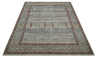 Distress Finish Tree of life Gray, Ivory, Brown and Olive Traditional Floral Hand knotted 8x10 wool Area Rug - The Rug Decor