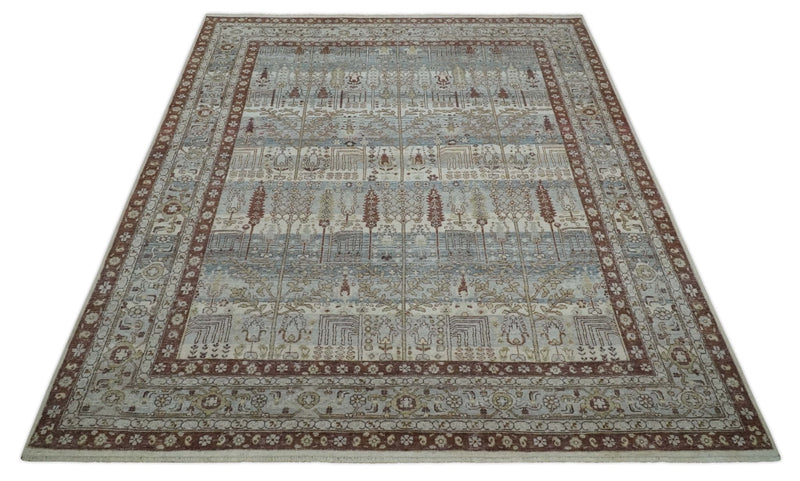 Distress Finish Tree of life Gray, Ivory, Brown and Olive Traditional Floral Hand knotted 8x10 wool Area Rug - The Rug Decor