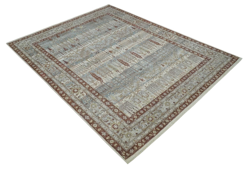 Distress Finish Tree of life Gray, Ivory, Brown and Olive Traditional Floral Hand knotted 8x10 wool Area Rug - The Rug Decor