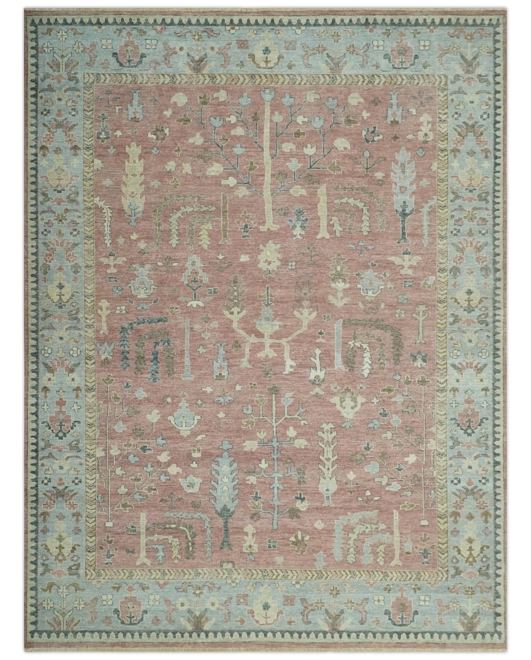 Distress Finished Tree of Life Hand Knotted Rust and Silver Custom Made Wool Rug - The Rug Decor