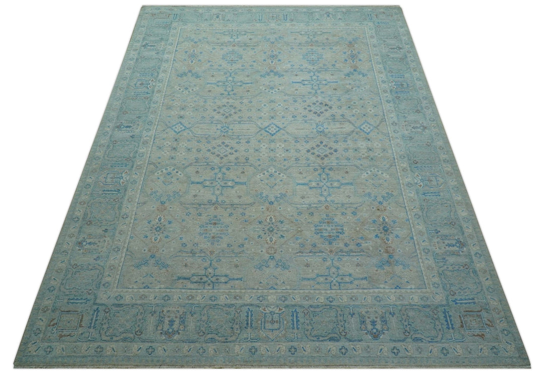 Distressed Design Silver And Beige Hand Knotted 10x14 Wool Area Rug - The Rug Decor