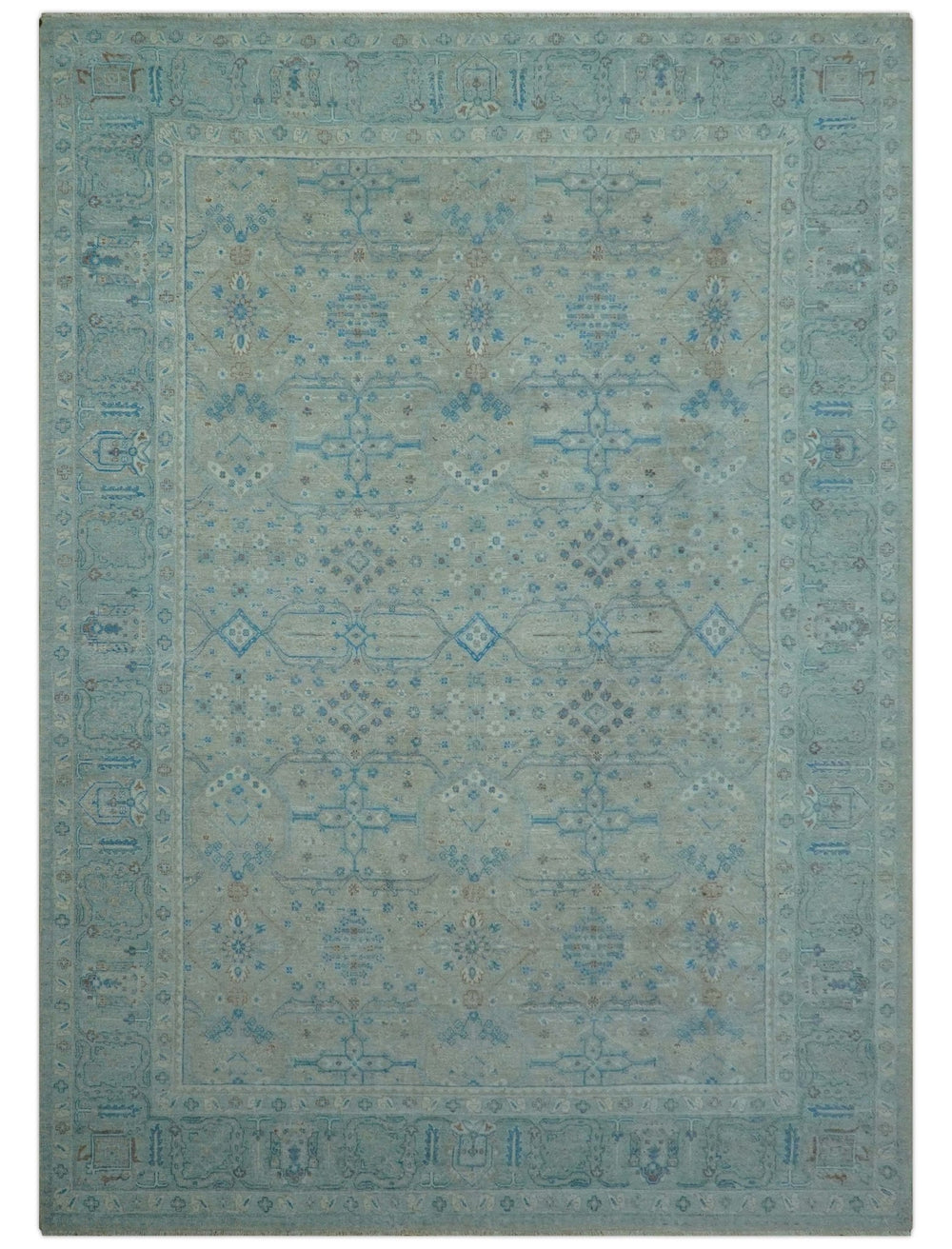 Distressed Design Silver And Beige Hand Knotted 10x14 Wool Area Rug - The Rug Decor