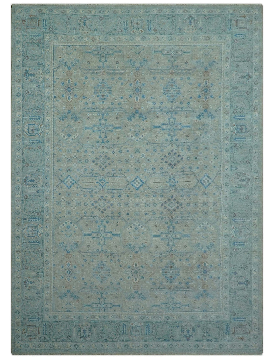 Distressed Design Silver And Beige Hand Knotted 10x14 Wool Area Rug - The Rug Decor