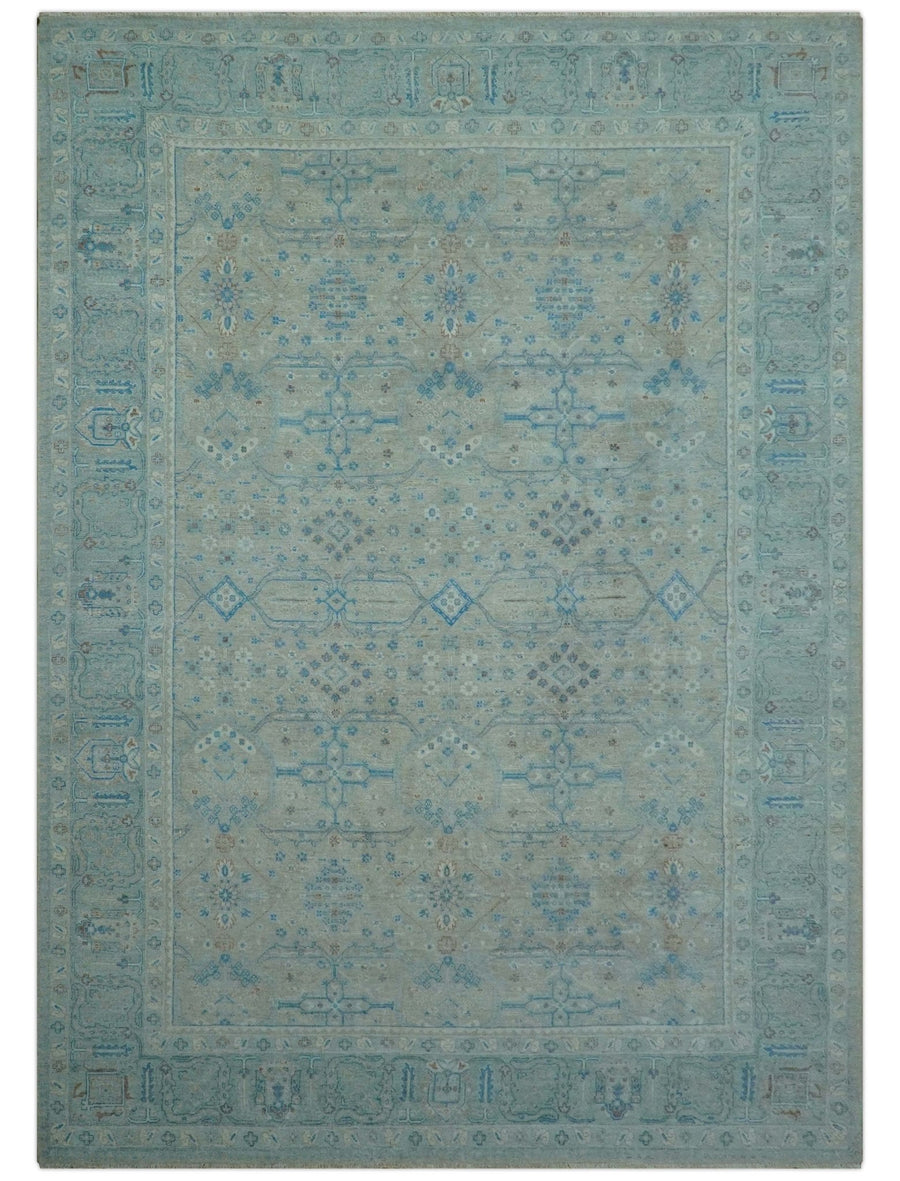 Distressed Design Silver And Beige Hand Knotted 10x14 Wool Area Rug - The Rug Decor