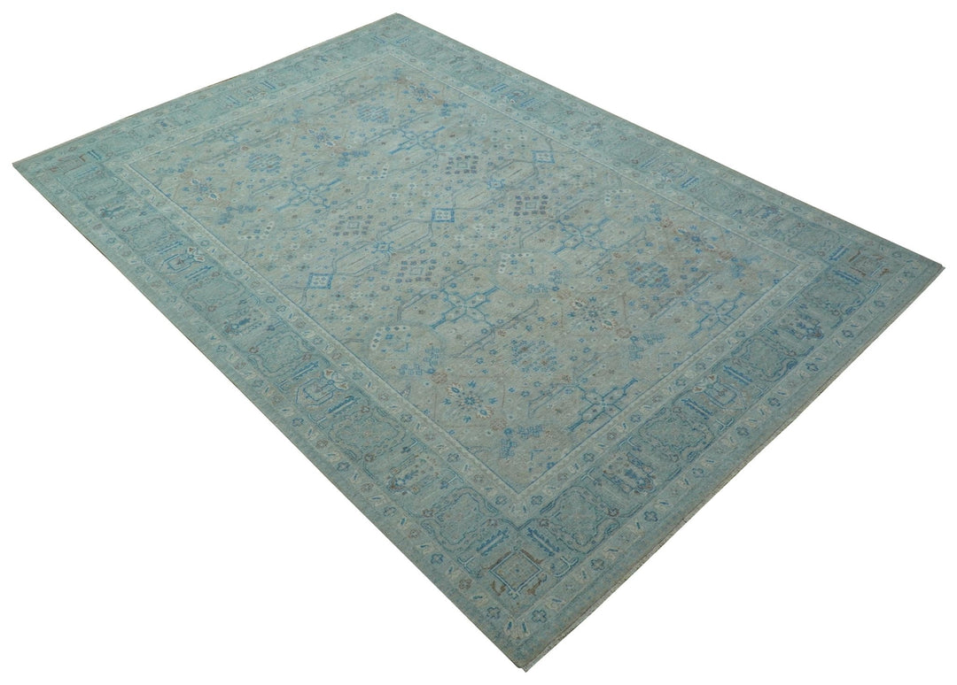 Distressed Design Silver And Beige Hand Knotted 10x14 Wool Area Rug - The Rug Decor