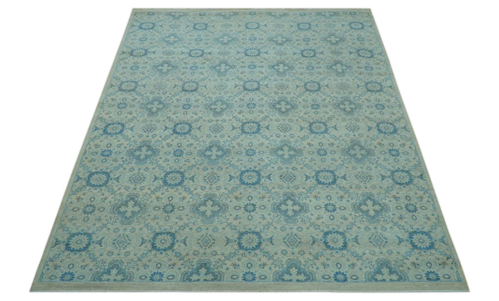 Distressed Hand Knotted Blue And Beige Oriental Design 8x10 Wool Area Rug - The Rug Decor