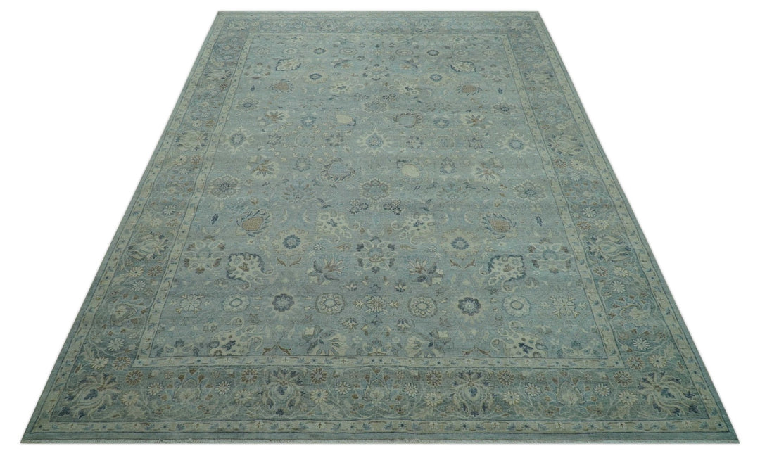 Distressed Hand Knotted Blue And Beige Traditional Design 9x13 Wool Area Rug - The Rug Decor