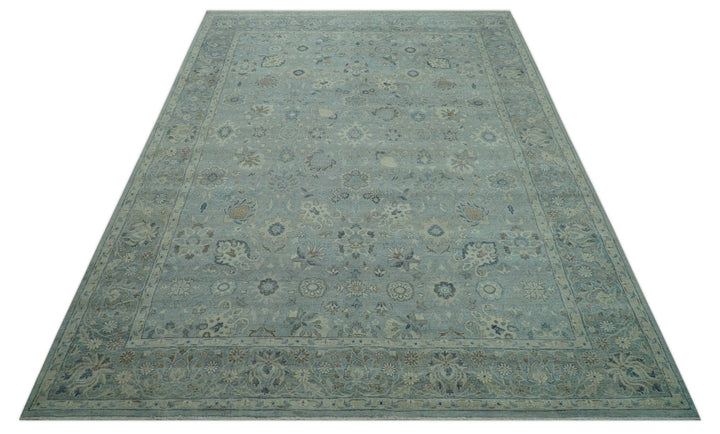 Distressed Hand Knotted Blue And Beige Traditional Design 9x13 Wool Area Rug - The Rug Decor