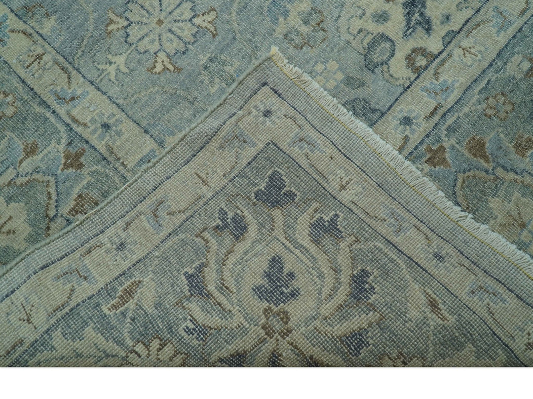 Distressed Hand Knotted Blue And Beige Traditional Design 9x13 Wool Area Rug - The Rug Decor