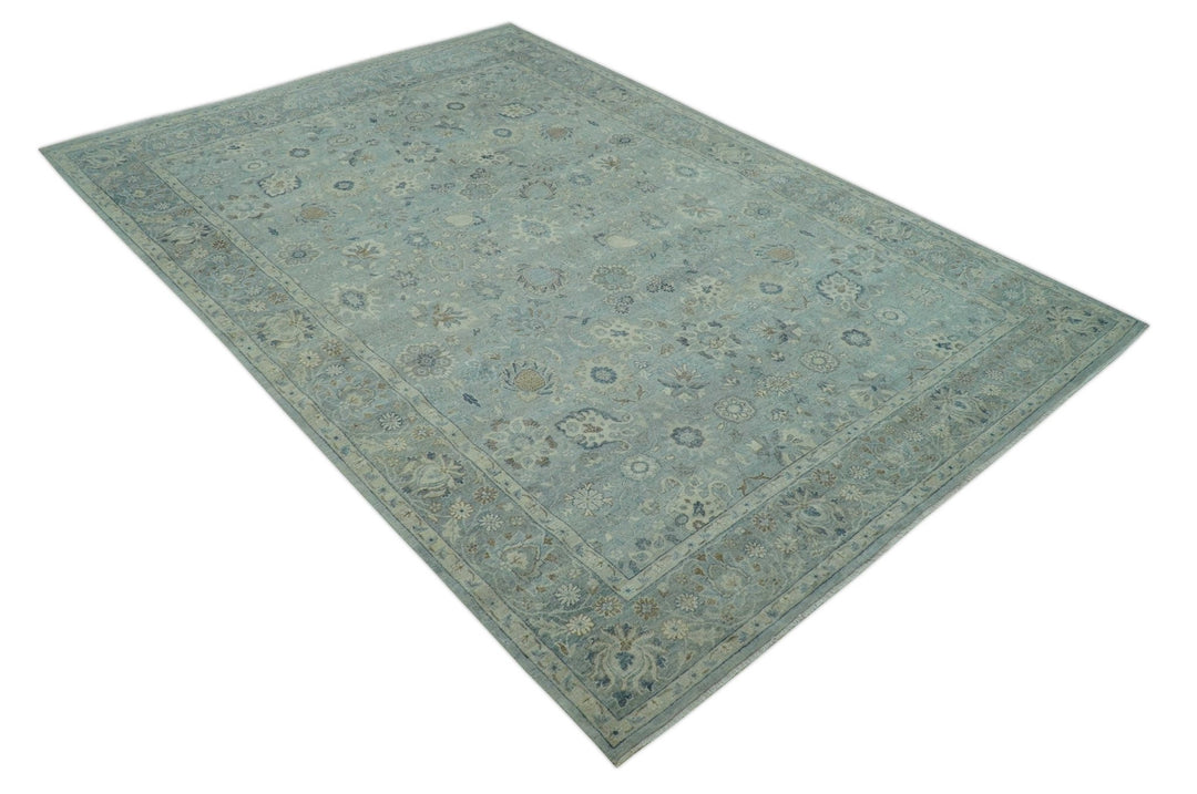 Distressed Hand Knotted Blue And Beige Traditional Design 9x13 Wool Area Rug - The Rug Decor