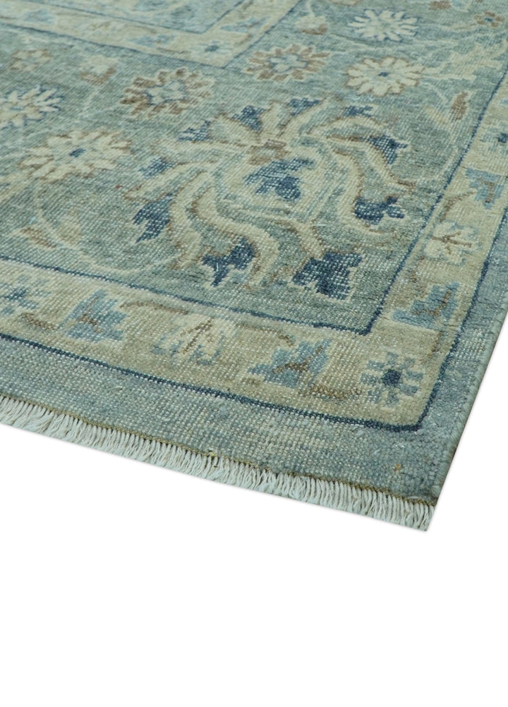 Distressed Hand Knotted Blue And Beige Traditional Design 9x13 Wool Area Rug - The Rug Decor