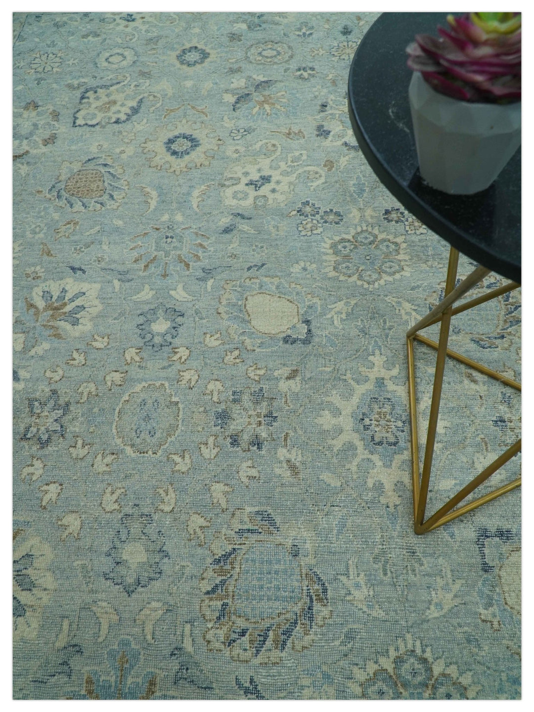 Distressed Hand Knotted Blue And Beige Traditional Design 9x13 Wool Area Rug - The Rug Decor