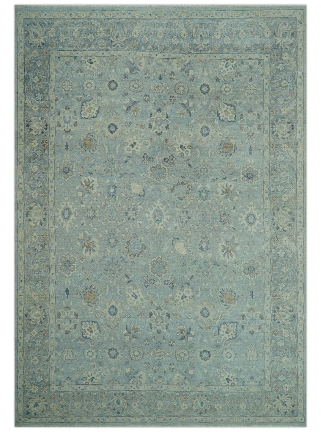 Distressed Hand Knotted Blue And Beige Traditional Design 9x13 Wool Area Rug - The Rug Decor