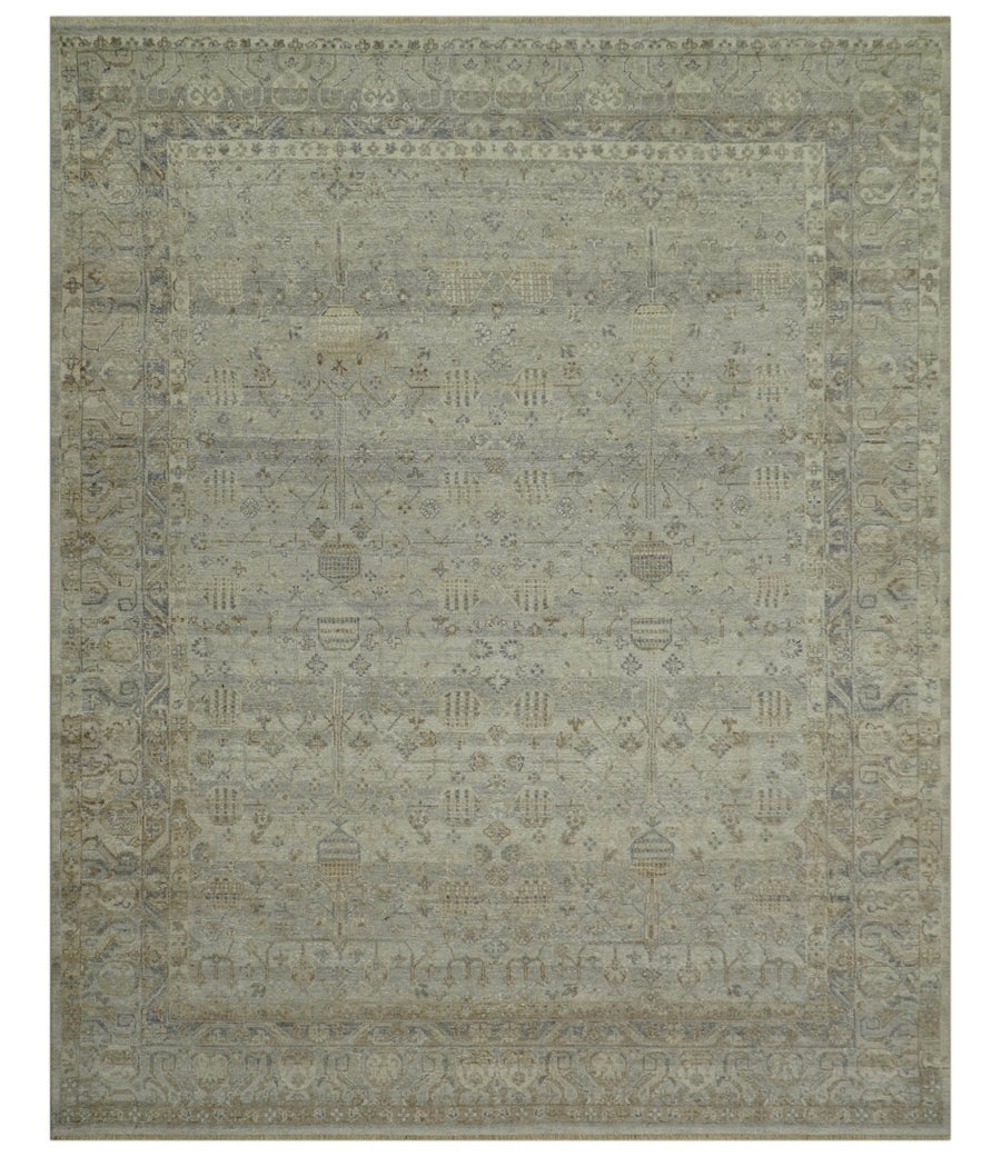 Distressed Silver And Beige Hand Knotted khotan design Custom Made wool area rug - The Rug Decor
