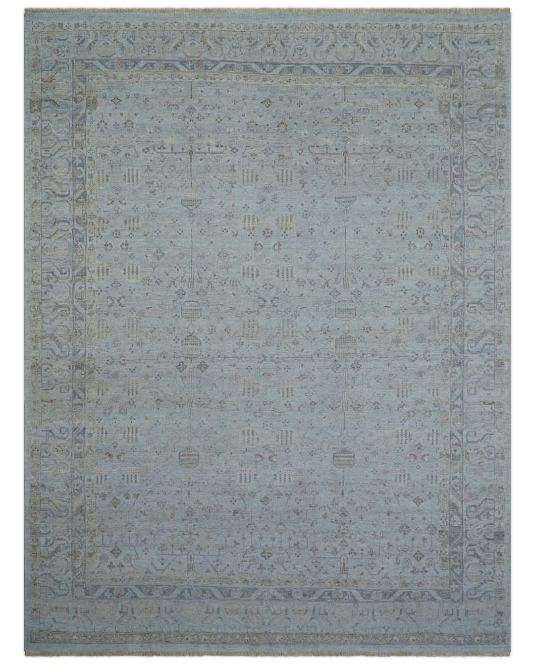 Distressed Silver And Beige Hand Knotted khotan design Custom Made wool area rug - The Rug Decor