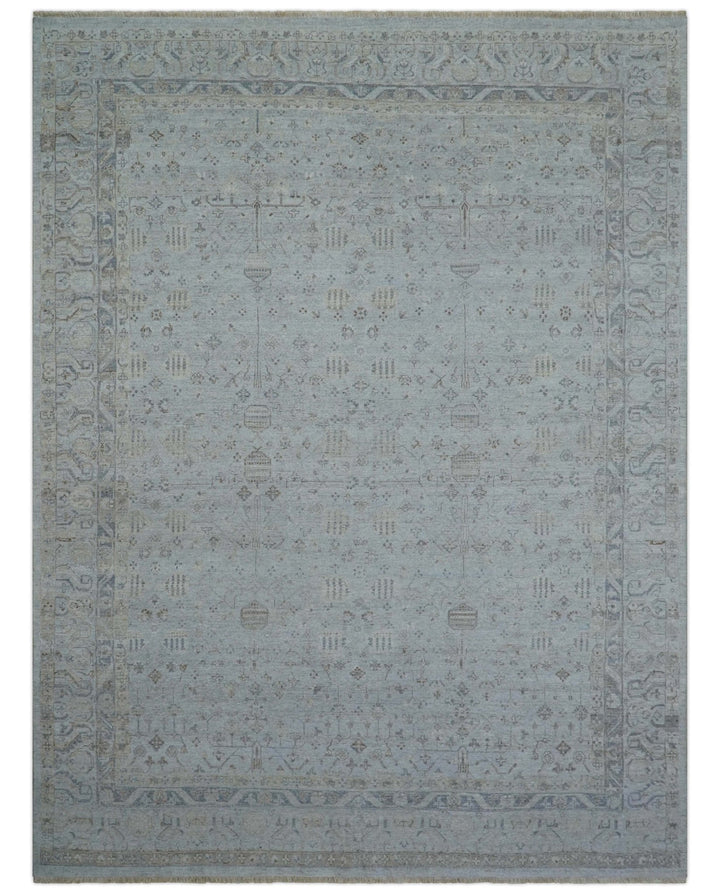Distressed Silver And Beige Hand Knotted khotan design Custom Made wool area rug - The Rug Decor
