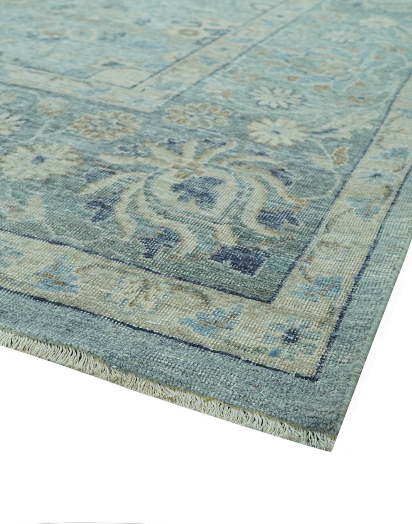 Distressed traditional And Beige Hand Knotted 10x14 Wool Area Rug - The Rug Decor