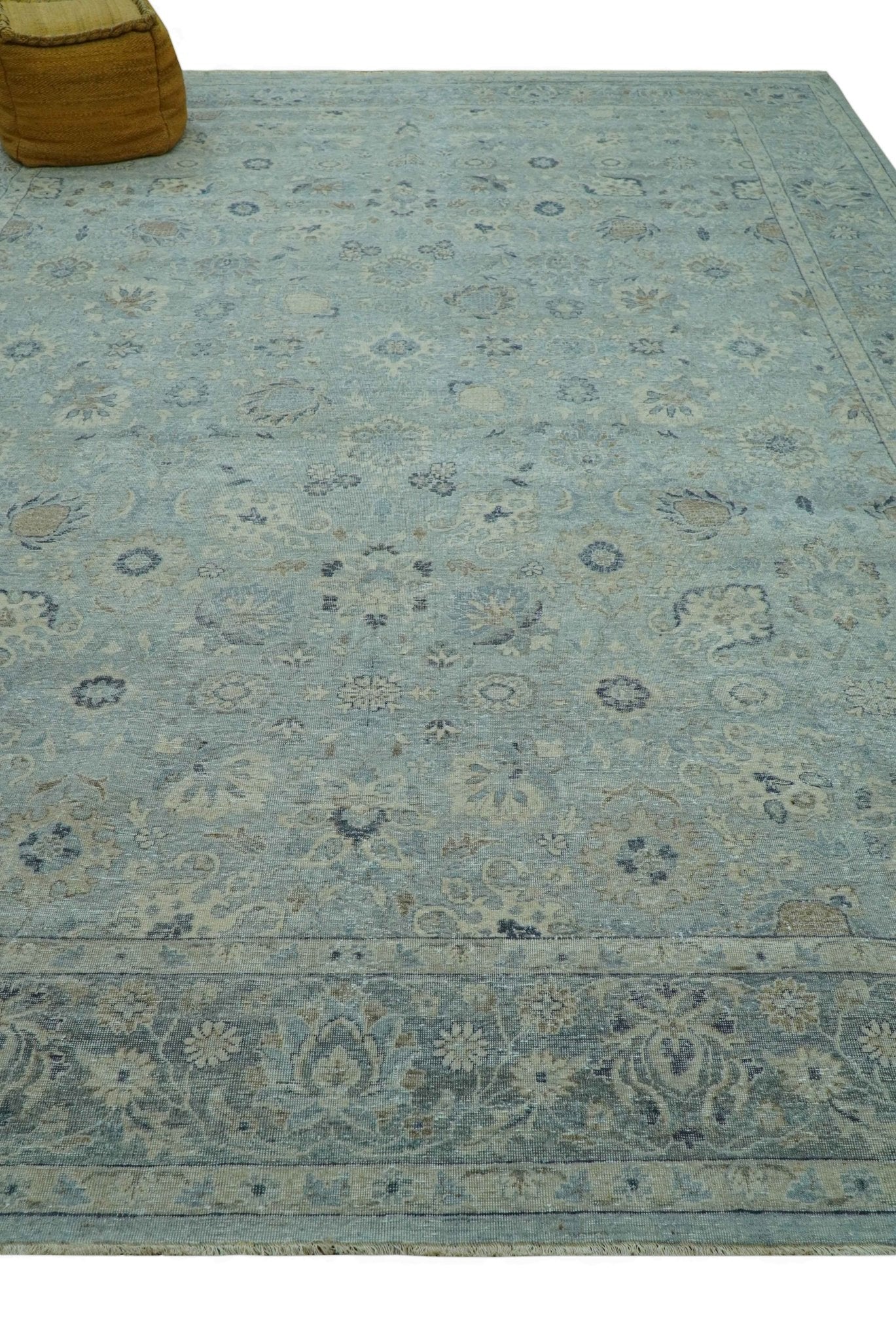 Distressed traditional And Beige Hand Knotted 10x14 Wool Area Rug - The Rug Decor