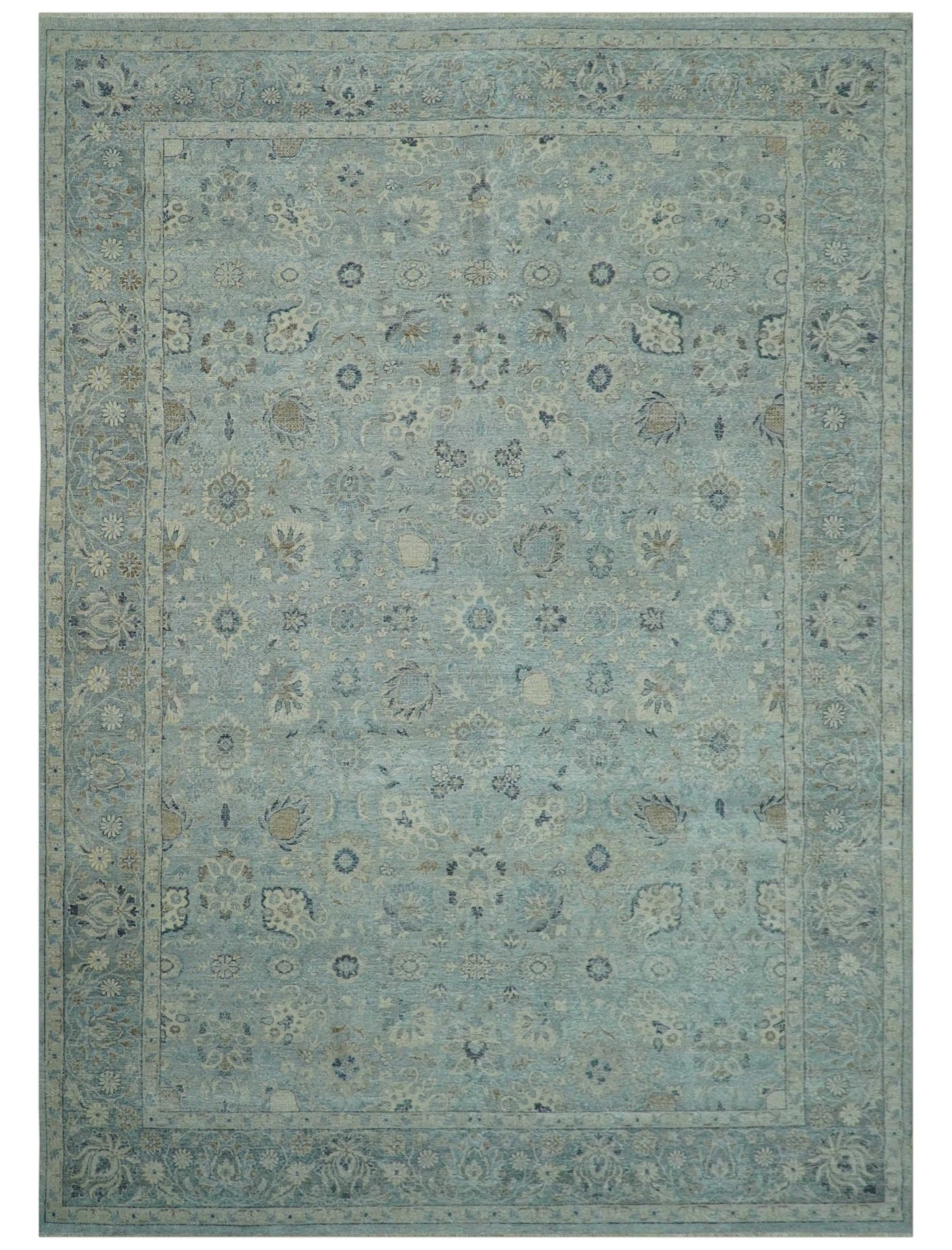 Distressed traditional And Beige Hand Knotted 10x14 Wool Area Rug - The Rug Decor