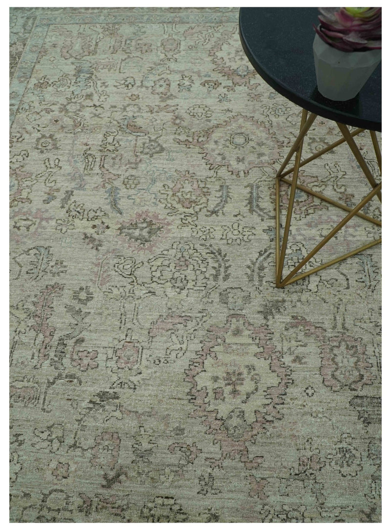 Distressed Traditional Design Beige, Brown And Pink 8x10 Hand Knotted wool rug - The Rug Decor