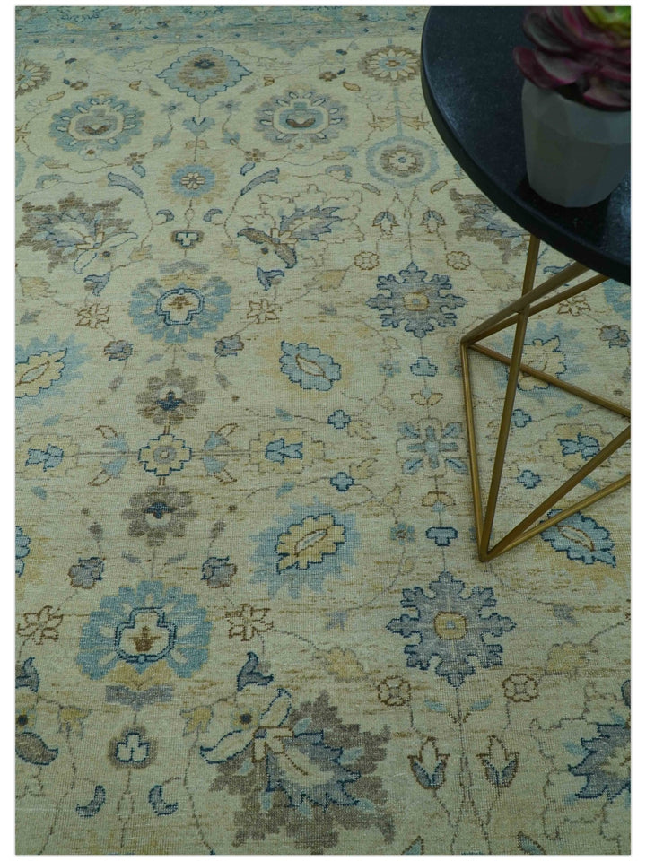 Distressed traditional Design Blue And Beige Hand Knotted 8x10 Wool Area Rug - The Rug Decor