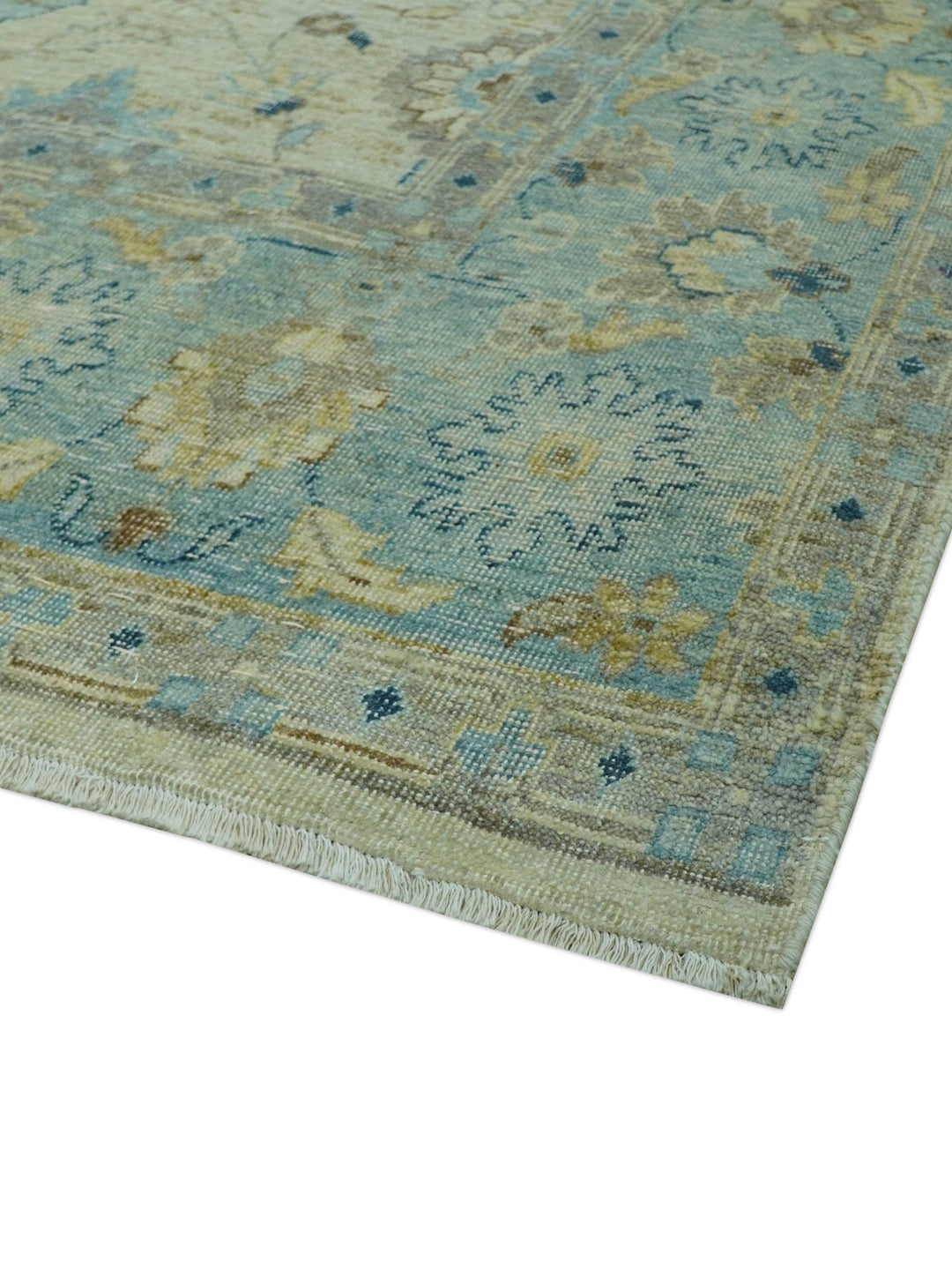 Distressed traditional Design Blue And Beige Hand Knotted 8x10 Wool Area Rug - The Rug Decor
