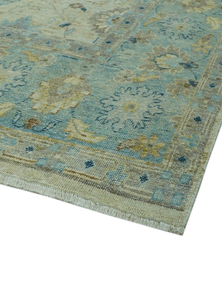 Distressed traditional Design Blue And Beige Hand Knotted 8x10 Wool Area Rug - The Rug Decor