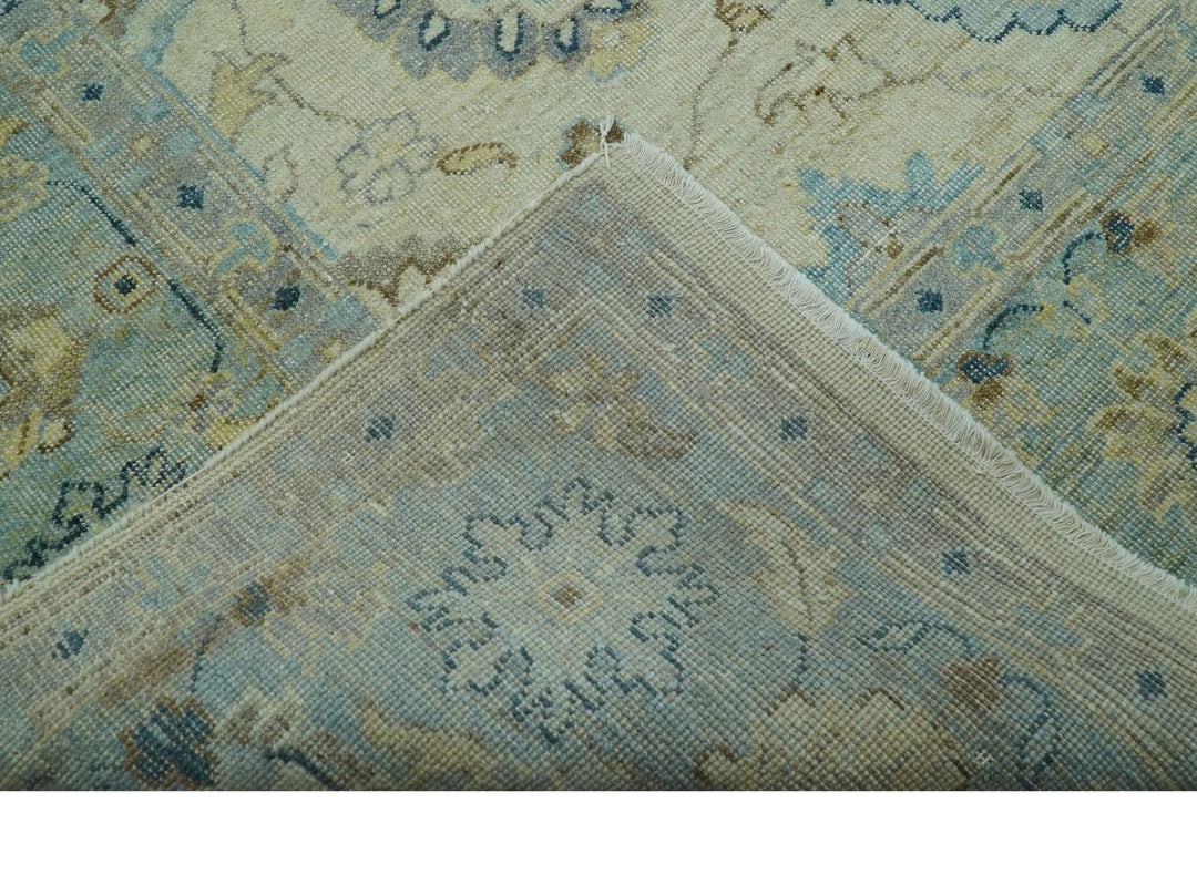 Distressed traditional Design Blue And Beige Hand Knotted 8x10 Wool Area Rug - The Rug Decor