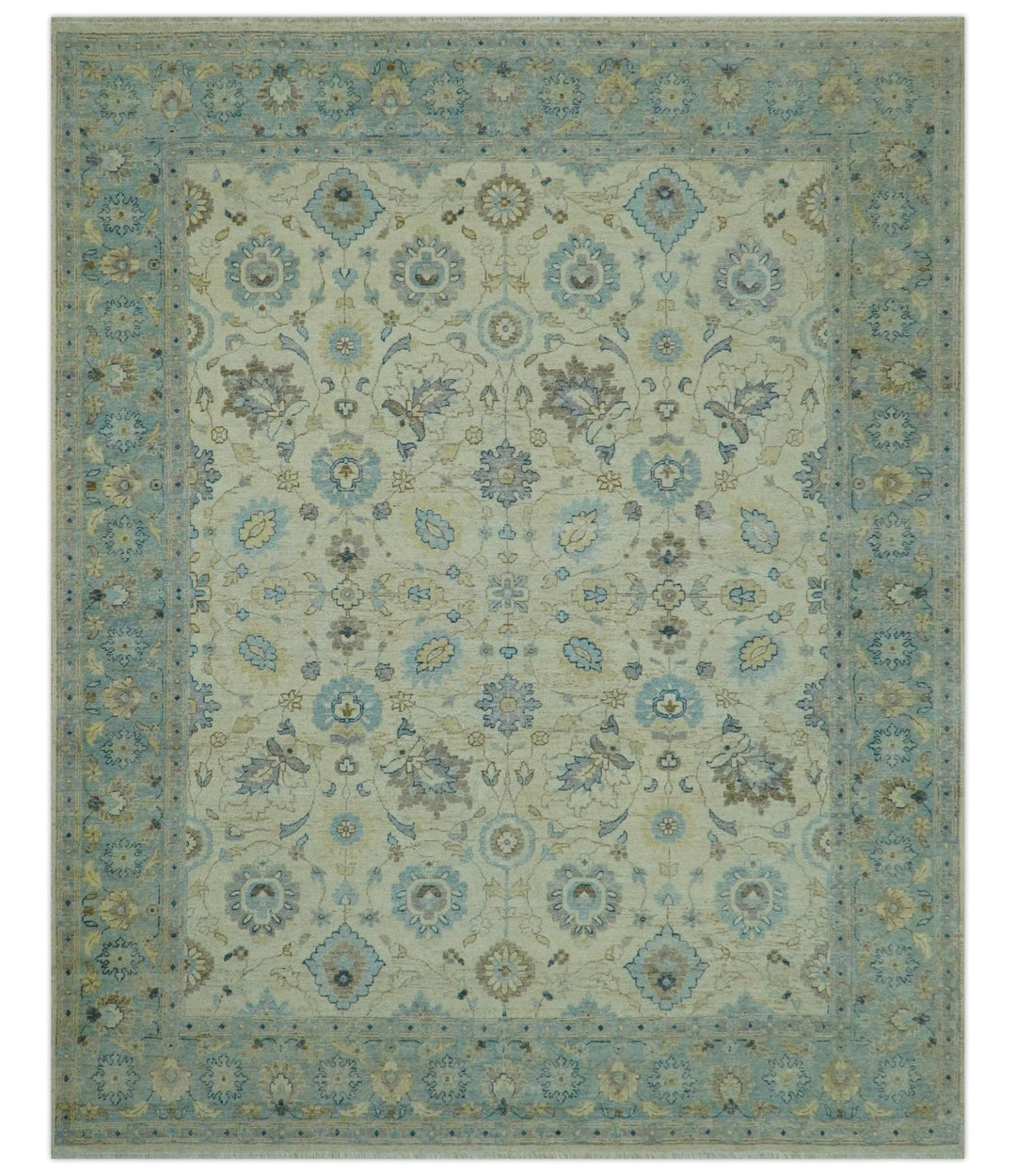 Distressed traditional Design Blue And Beige Hand Knotted 8x10 Wool Area Rug - The Rug Decor