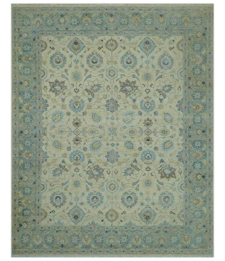 Distressed traditional Design Blue And Beige Hand Knotted 8x10 Wool Area Rug - The Rug Decor