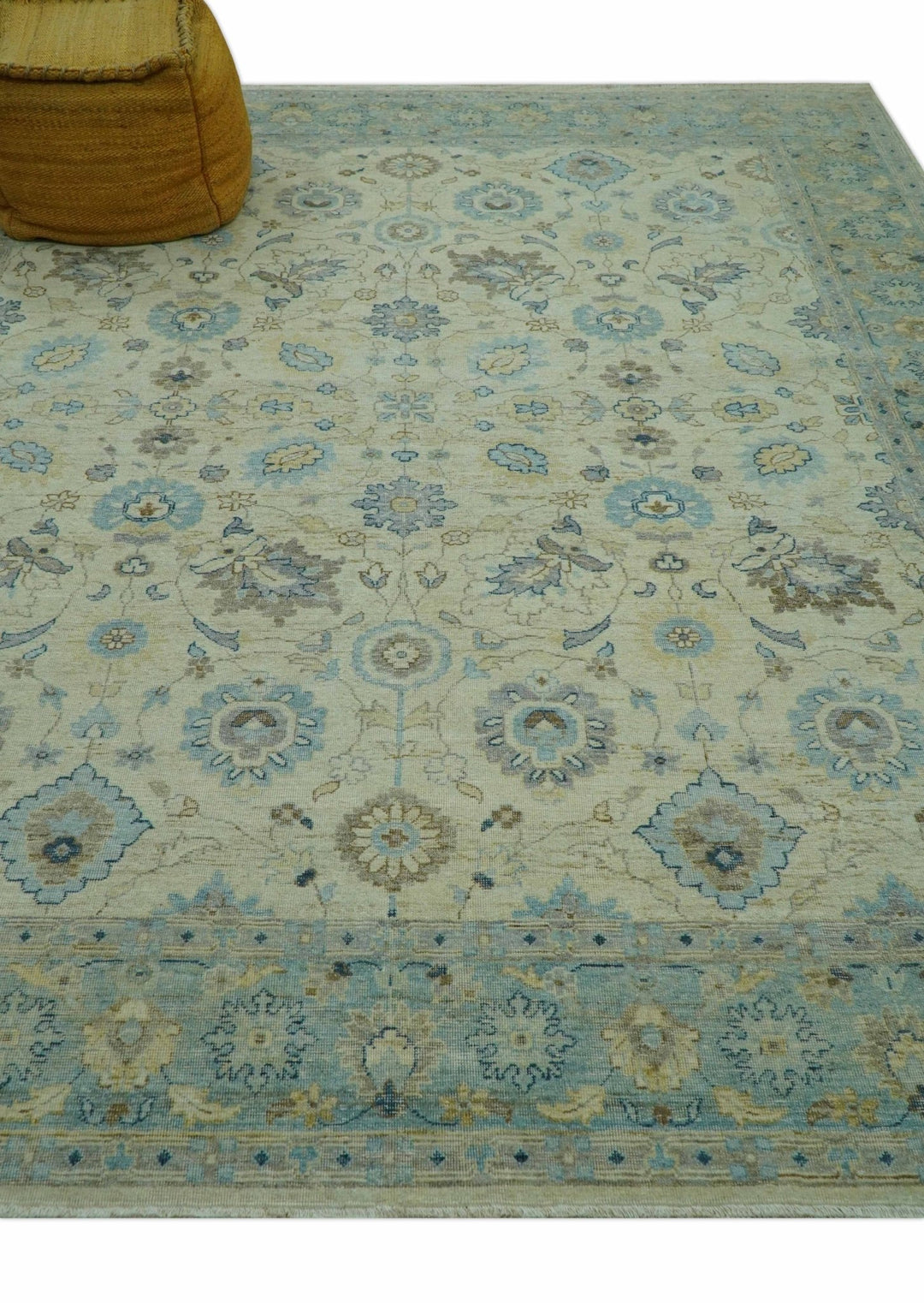 Distressed traditional Design Blue And Beige Hand Knotted 8x10 Wool Area Rug - The Rug Decor