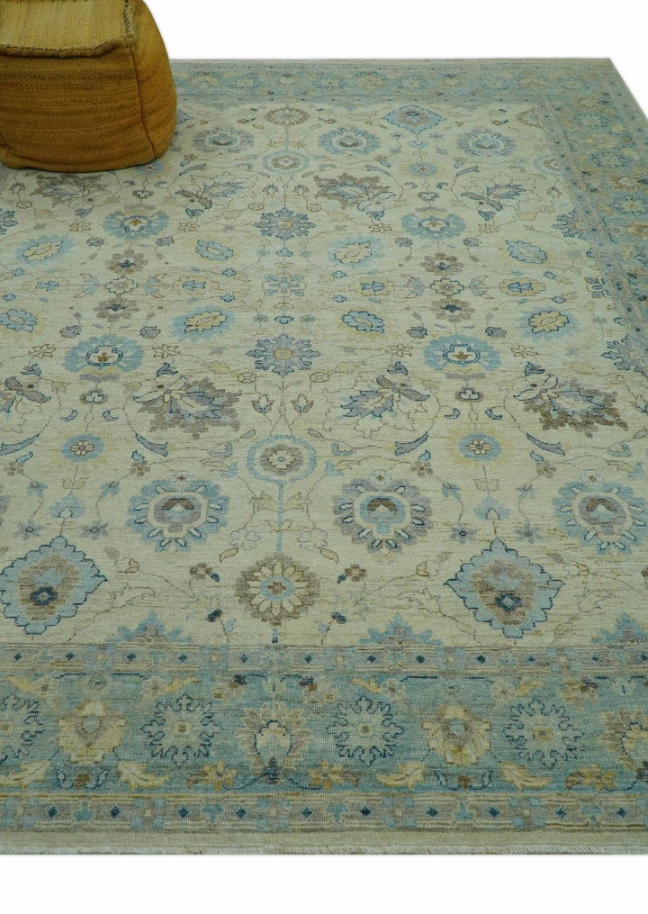 Distressed traditional Design Blue And Beige Hand Knotted 8x10 Wool Area Rug - The Rug Decor