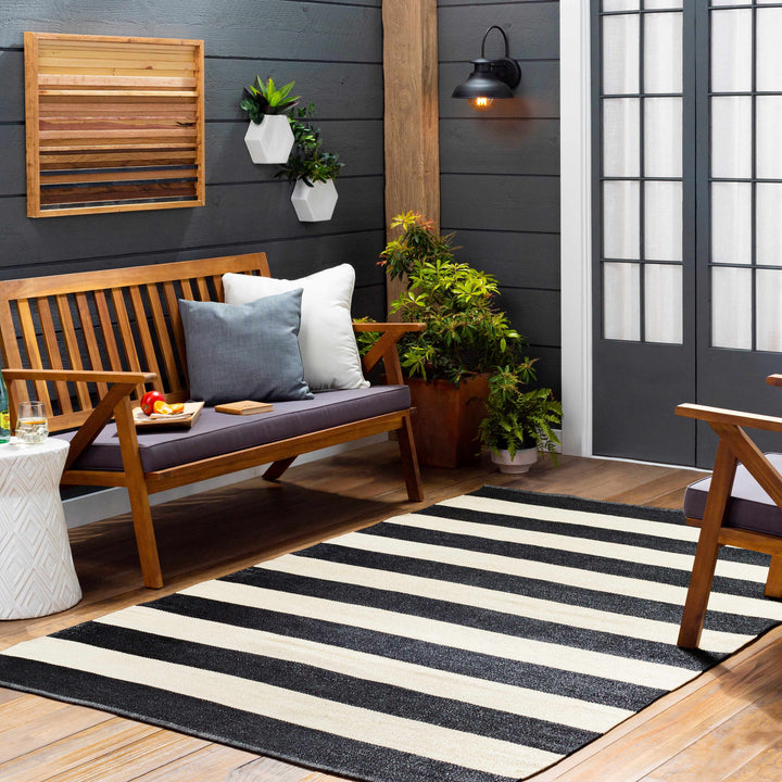 Douds Modern Stripe Design Black And Ivory Area Rug