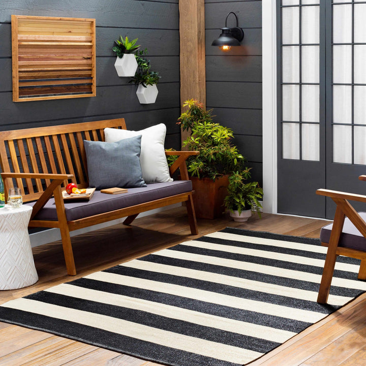 Douds Modern Stripe Design Black And Ivory Area Rug - The Rug Decor