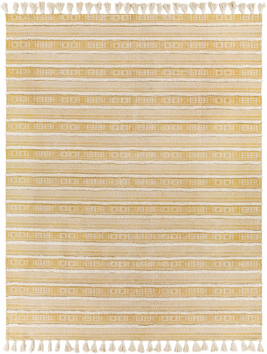 Hand-loomed area rug with beige and yellow stripes and short fringe border