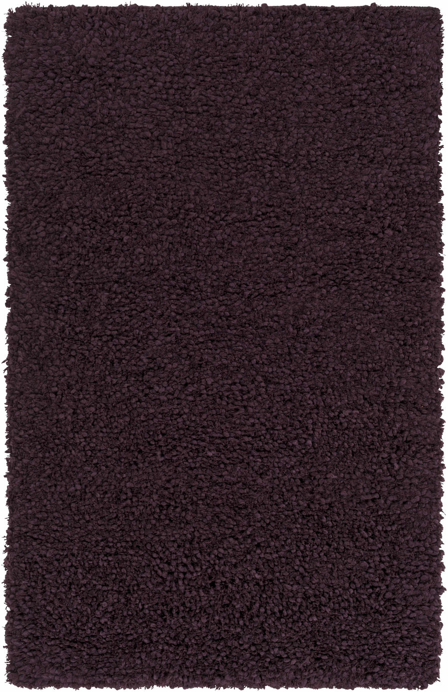 Hand woven wool area rug, dark purple shag pile, rectangular with straight edges.