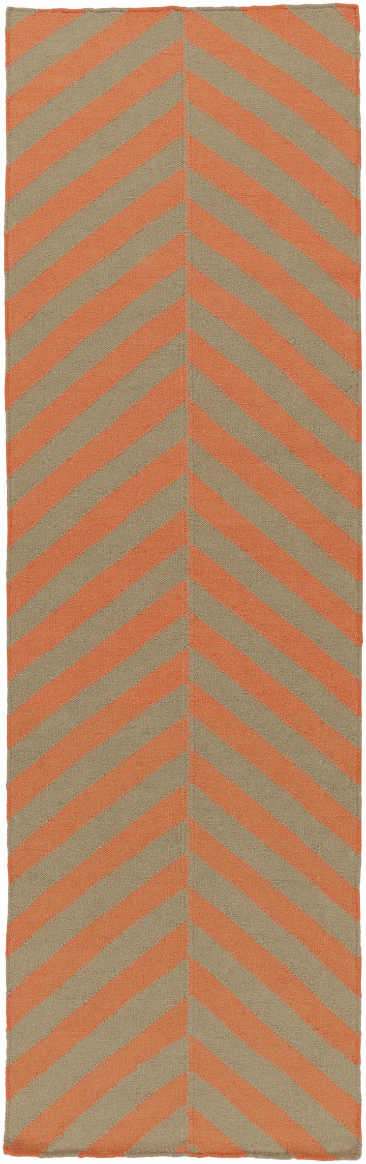 Hand-woven area rug with orange and brown chevron zigzags on cream background