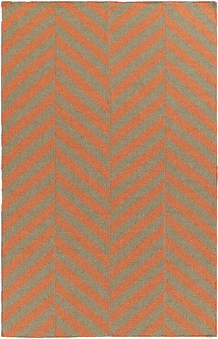 Hand-woven area rug with orange and brown chevron zigzag pattern on cream background