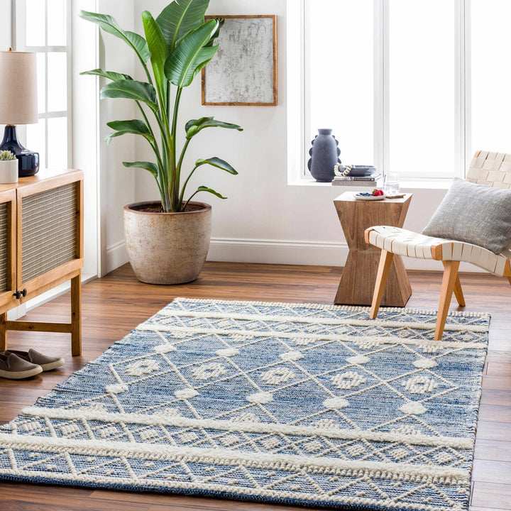 Eben Bohemian Style Ivory And Blue Hand Woven Wool Rug - The Rug Decor
