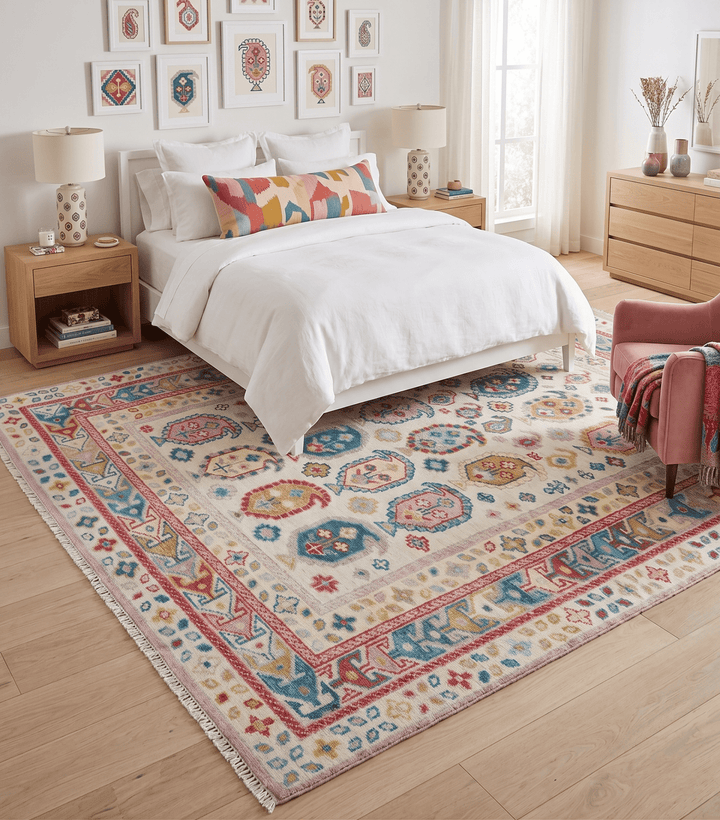 Eclectic Vibrant Colorful Ivory And Teal Traditional design Hand knotted Wool Area Rug - The Rug Decor