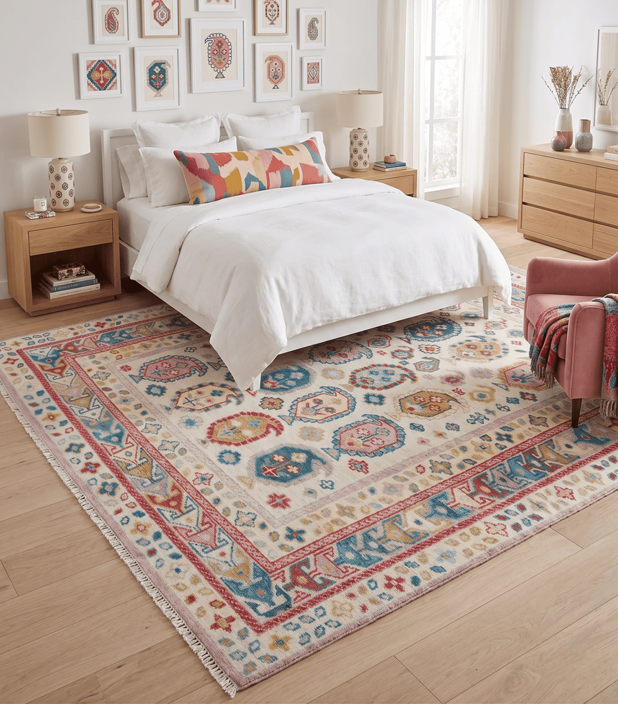 Eclectic Vibrant Colorful Ivory And Teal Traditional design Hand knotted Wool Area Rug - The Rug Decor