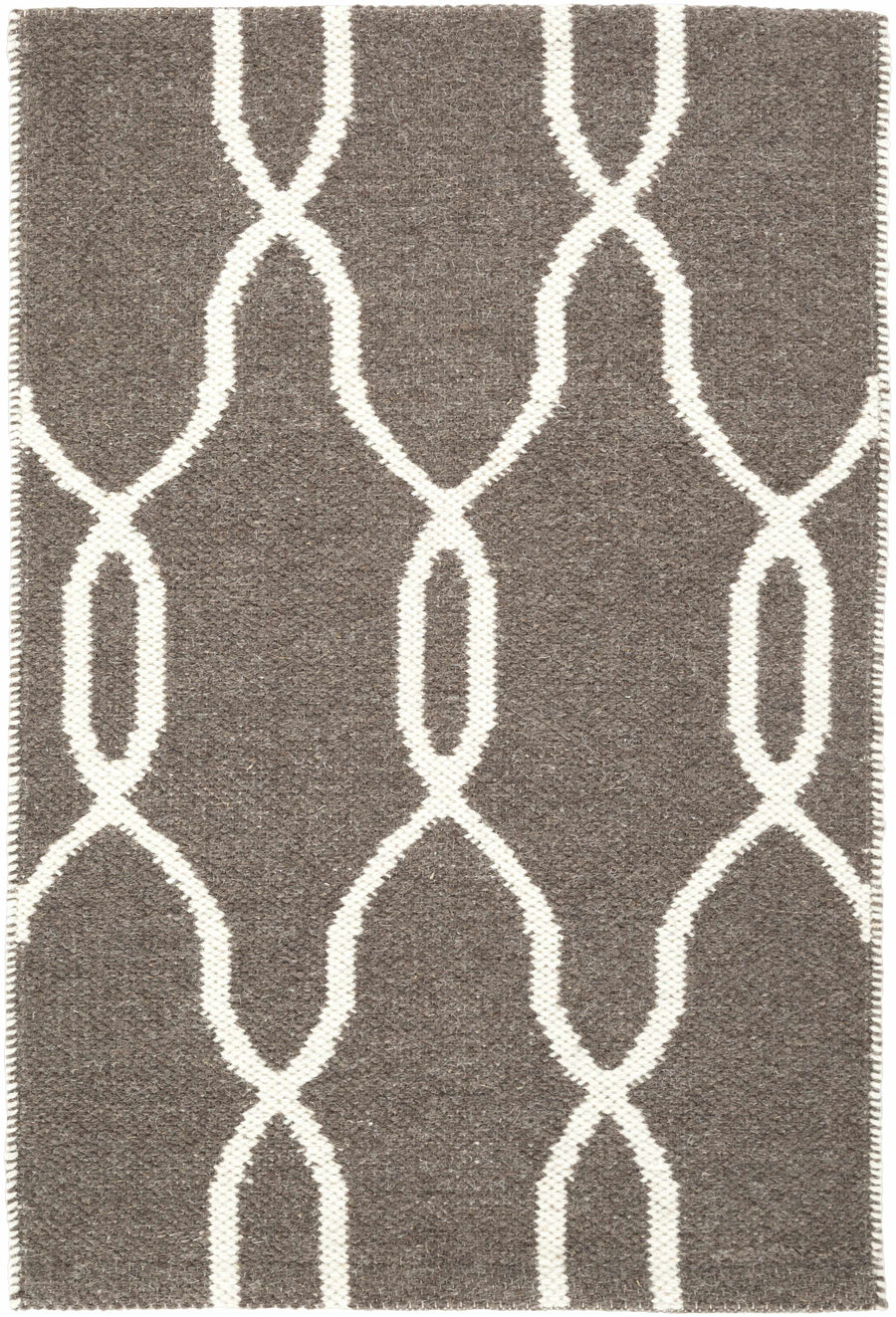 Reversible taupe wool area rug with white lattice loop pattern