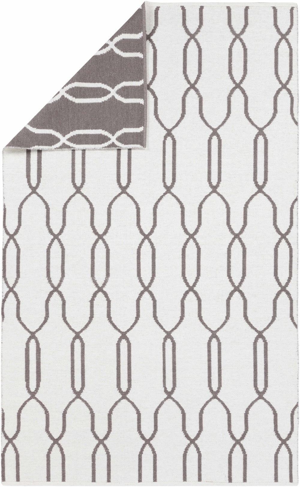 Reversible area rug showing white side with gray trellis loop pattern