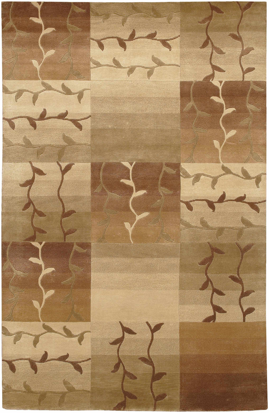 Hand-knotted rug with beige and brown patchwork squares and branch vine pattern.